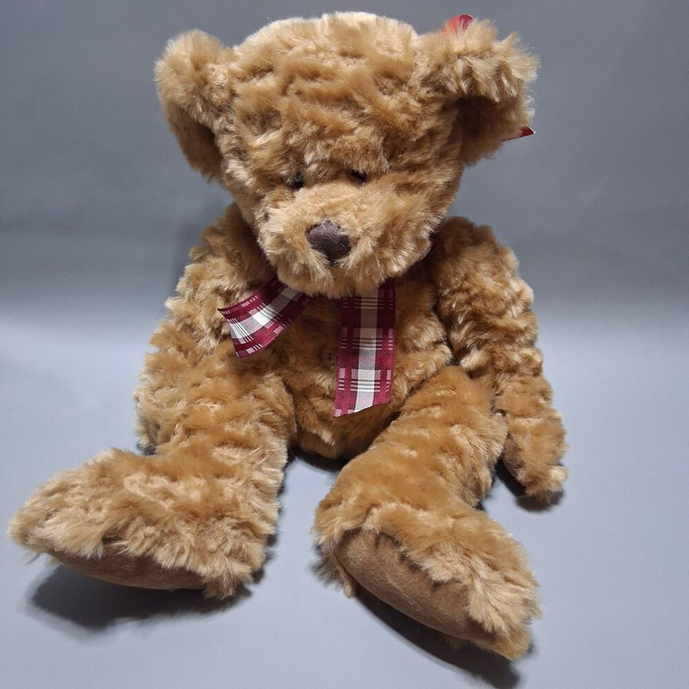 Russ Berrie Ellington Brown Plush Teddy Bear Red Plaid Ribbon Bow NWT